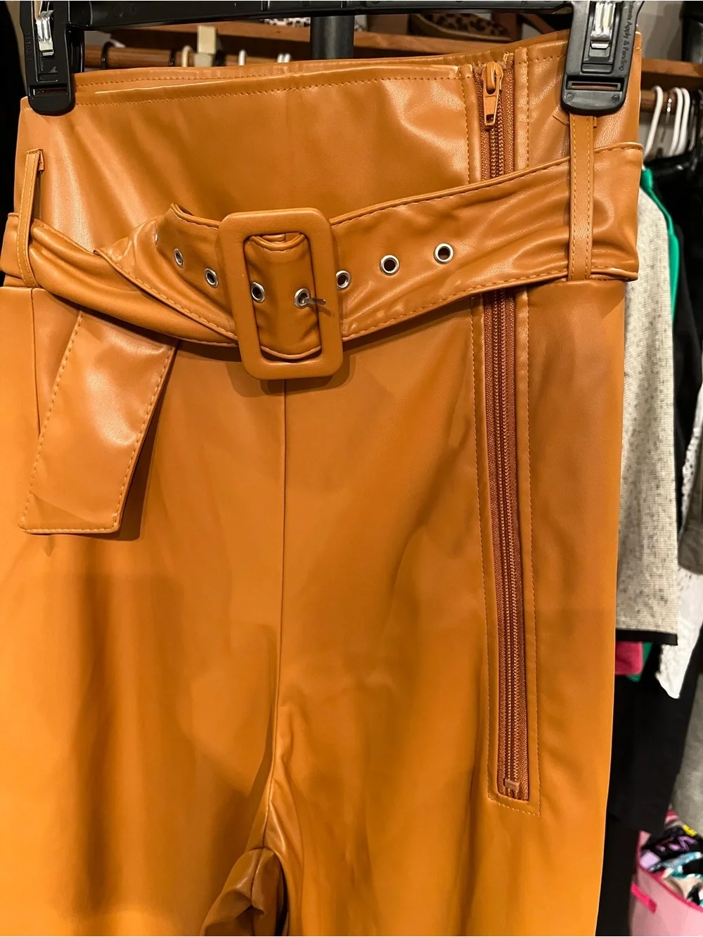 High-Waist Faux Leather Wide-Leg Pants with Belt - Tan